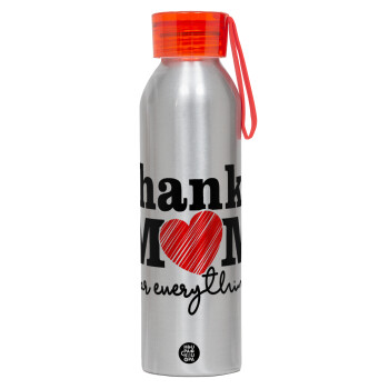 Thanks mom for everything, Αλουμινένιο Αθλητικό Μπουκάλι 650ml – Ασημί με Κόκκινο Καπάκι και Λουράκι Σιλικόνης