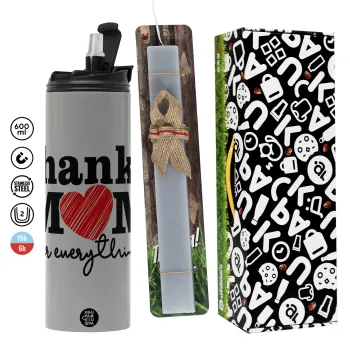 Thanks mom for everything, Πασχαλινή Λαμπάδα με Travel Tumbler θερμό (600ml, BPA free) & κερί αρωματικό πλακέ (30cm) (ΓΚΡΙ)