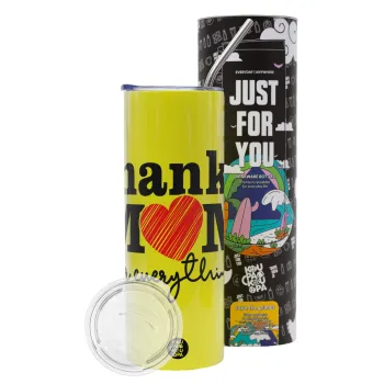 Thanks mom for everything, Neon Yellow Travel Tumbler θερμό, μεταλλικό καλαμάκι(Ανωξείδωτο 304 Food grade, BPA free, 600ml)