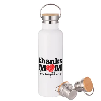 Thanks mom for everything, Stainless steel White with wooden lid (bamboo), double wall, 750ml