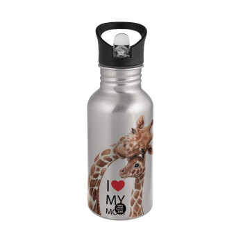 Mothers Day, Cute giraffe, Water bottle Silver with straw, stainless steel 500ml