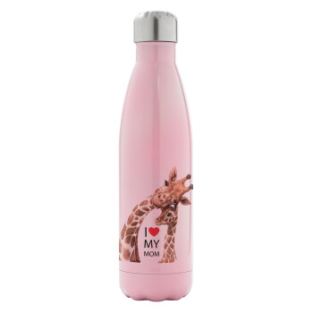Mothers Day, Cute giraffe, Metal mug thermos Pink Iridiscent (Stainless steel), double wall, 500ml
