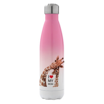 Mothers Day, Cute giraffe, Metal mug thermos Pink/White (Stainless steel), double wall, 500ml