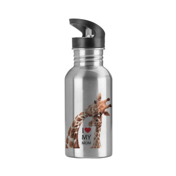 Mothers Day, Cute giraffe, Water bottle Silver with straw, stainless steel 600ml