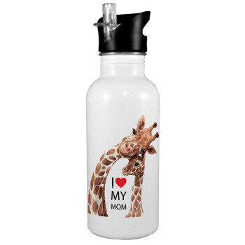 Mothers Day, Cute giraffe, Παγούρι νερού Λευκό με καλαμάκι, ανοξείδωτο ατσάλι 600ml