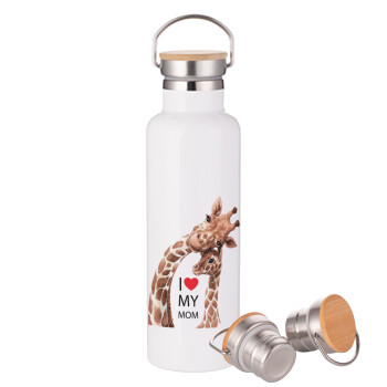 Mothers Day, Cute giraffe, Stainless steel White with wooden lid (bamboo), double wall, 750ml