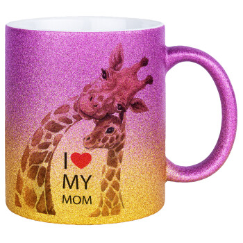 Mothers Day, Cute giraffe, Κούπα Χρυσή/Ροζ Glitter, κεραμική, 330ml