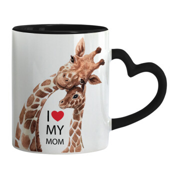 Mothers Day, Cute giraffe, Κούπα καρδιά χερούλι μαύρη, κεραμική, 330ml