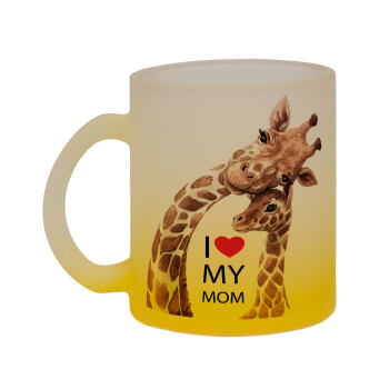 Mothers Day, Cute giraffe, Κούπα γυάλινη δίχρωμη με βάση το κίτρινο ματ, 330ml