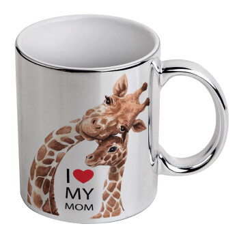 Mothers Day, Cute giraffe, Κούπα κεραμική, ασημένια καθρέπτης, 330ml