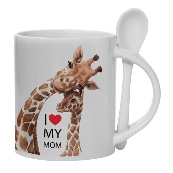 Mothers Day, Cute giraffe, Ceramic coffee mug with Spoon, 330ml (1pcs)
