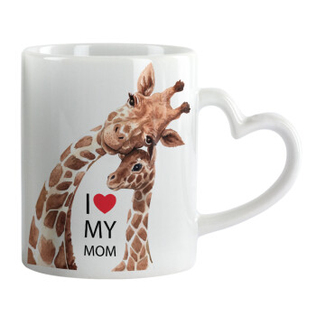 Mothers Day, Cute giraffe, Κούπα καρδιά χερούλι λευκή, κεραμική, 330ml