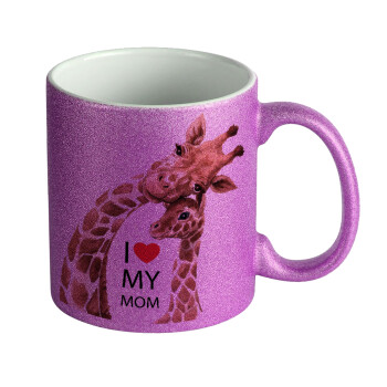 Mothers Day, Cute giraffe, Κούπα Μωβ Glitter που γυαλίζει, κεραμική, 330ml