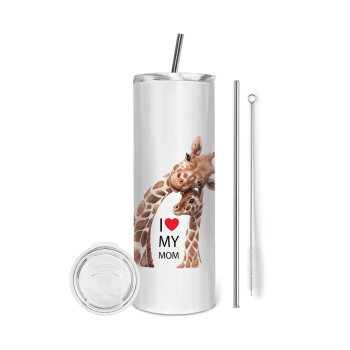 Mothers Day, Cute giraffe, Eco friendly stainless steel tumbler 600ml, with metal straw & cleaning brush