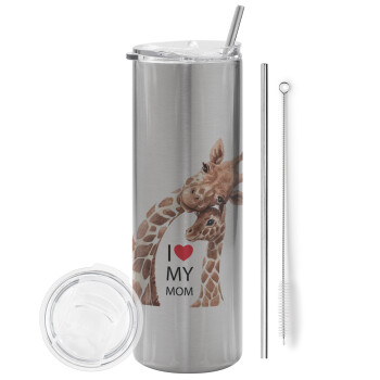 Mothers Day, Cute giraffe, Eco friendly stainless steel Silver tumbler 600ml, with metal straw & cleaning brush
