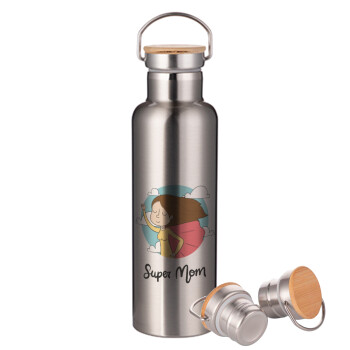 Super mom, Stainless steel Silver with wooden lid (bamboo), double wall, 750ml