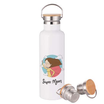 Super mom, Stainless steel White with wooden lid (bamboo), double wall, 750ml