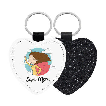 Super mom, Μπρελόκ PU δερμάτινο glitter καρδιά ΜΑΥΡΟ