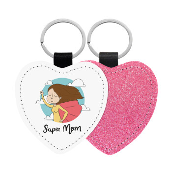 Super mom, Μπρελόκ PU δερμάτινο glitter καρδιά ΡΟΖ