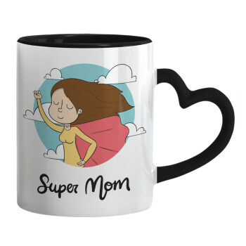 Super mom, Mug heart black handle, ceramic, 330ml