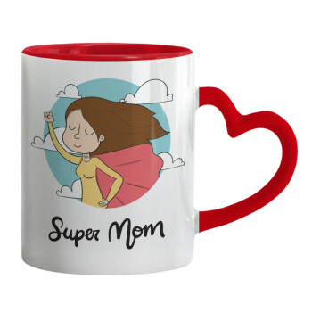 Super mom, Κούπα καρδιά χερούλι κόκκινη, κεραμική, 330ml