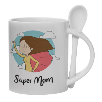 Super mom, Ceramic coffee mug with Spoon, 330ml (1pcs)