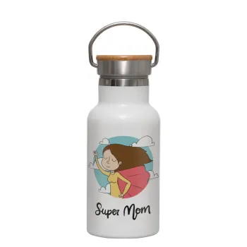 Super mom, Μεταλλικό παγούρι θερμός (Stainless steel) Λευκό με ξύλινο καπακι (bamboo), διπλού τοιχώματος, 350ml