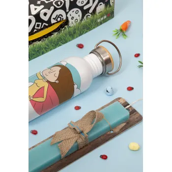 Super mom, Πασχαλινή Λαμπάδα με παγούρι μεταλλικό (620ml, stainless steel) & κερί αρωματικό πλακέ (30cm) (ΤΙΡΚΟΥΑΖ)