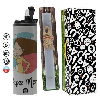 Super mom, Πασχαλινή Λαμπάδα με Travel Tumbler θερμό (600ml, BPA free) & κερί αρωματικό πλακέ (30cm) (ΓΚΡΙ)