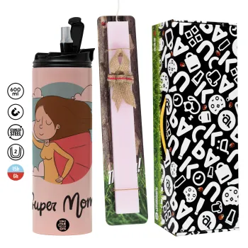 Super mom, Πασχαλινή Λαμπάδα με  ΡΟΖ Travel Tumbler θερμό (600ml, BPA free) & κερί αρωματικό πλακέ (30cm) (ΡΟΖ)