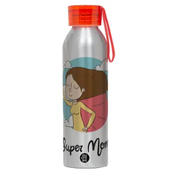Super mom, Αλουμινένιο Αθλητικό Μπουκάλι 650ml – Ασημί με Κόκκινο Καπάκι και Λουράκι Σιλικόνης