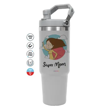 Super mom, ΓΚΡΙ Travel Tumbler Θερμός με χερούλι και καλαμάκι 890ml