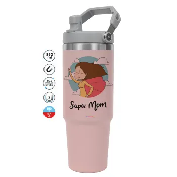 Super mom, ΡΟΖ Travel Tumbler Θερμός με χερούλι και καλαμάκι 890ml