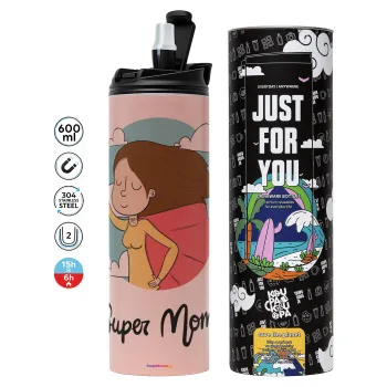 Super mom, Tumbler ποτήρι θερμό ΡΟΖ από ανοξείδωτο ατσάλι 600ml