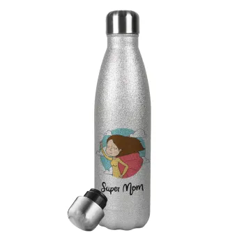 Super mom, Μεταλλικό παγούρι θερμός Glitter Aσημένιο (Stainless steel), διπλού τοιχώματος, 500ml