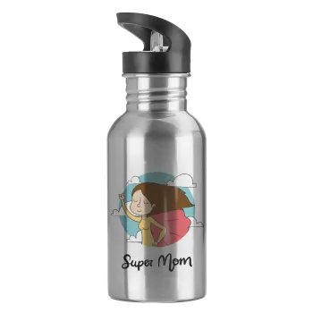 Super mom, Water bottle Silver with straw, stainless steel 600ml