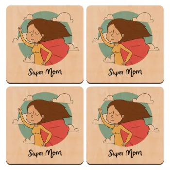 Super mom, ΣΕΤ x4 Σουβέρ ξύλινα τετράγωνα plywood (9cm)