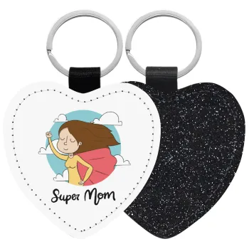 Super mom, Μπρελόκ PU δερμάτινο glitter καρδιά ΜΑΥΡΟ