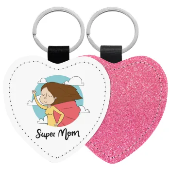 Super mom, Μπρελόκ PU δερμάτινο glitter καρδιά ΡΟΖ