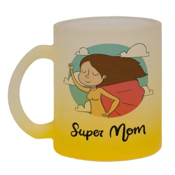 Super mom, Κούπα γυάλινη δίχρωμη με βάση το κίτρινο ματ, 330ml