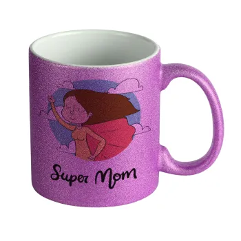 Super mom, Κούπα Μωβ Glitter που γυαλίζει, κεραμική, 330ml
