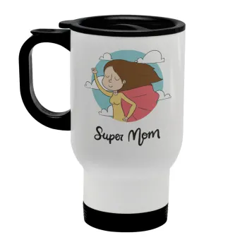 Super mom, Κούπα ταξιδιού ανοξείδωτη με καπάκι, διπλού τοιχώματος (θερμό) λευκή 450ml