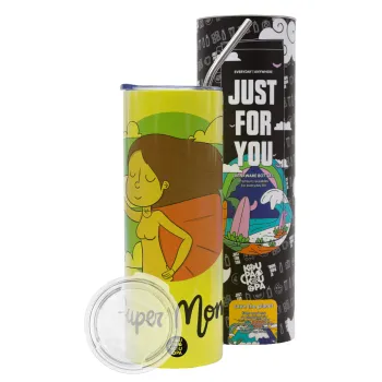 Super mom, Neon Yellow Travel Tumbler θερμό, μεταλλικό καλαμάκι(Ανωξείδωτο 304 Food grade, BPA free, 600ml)