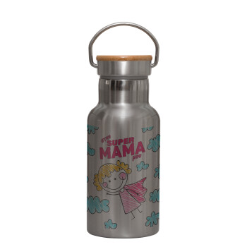 Στην SUPER μαμά μου, comic, Stainless steel metallic thermos flask, silver with a bamboo lid, double-walled, 350ml.