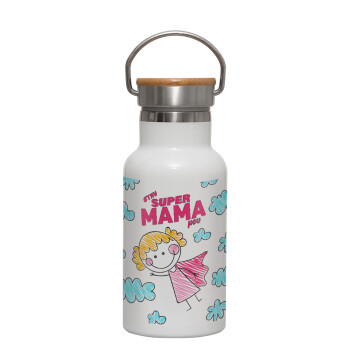 Στην SUPER μαμά μου, comic, Μεταλλικό παγούρι θερμός (Stainless steel) Λευκό με ξύλινο καπακι (bamboo), διπλού τοιχώματος, 350ml