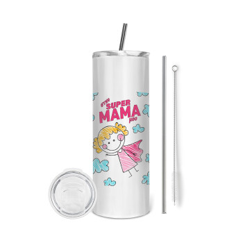 Στην SUPER μαμά μου, comic, Tumbler ποτήρι θερμό από ανοξείδωτο ατσάλι 600ml, με μεταλλικό καλαμάκι & βούρτσα καθαρισμού