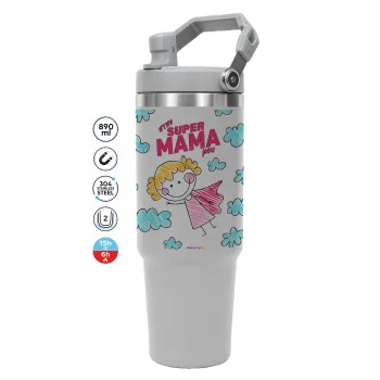 Στην SUPER μαμά μου, comic, ΓΚΡΙ Travel Tumbler Θερμός με χερούλι και καλαμάκι 890ml