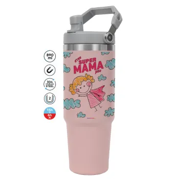 Στην SUPER μαμά μου, comic, ΡΟΖ Travel Tumbler Θερμός με χερούλι και καλαμάκι 890ml