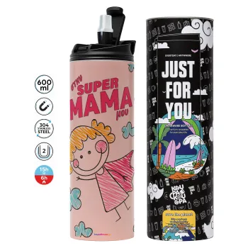 Στην SUPER μαμά μου, comic, Tumbler ποτήρι θερμό ΡΟΖ από ανοξείδωτο ατσάλι 600ml