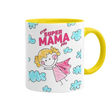 Στην SUPER μαμά μου, comic, Κούπα χρωματιστή κίτρινη, κεραμική, 330ml